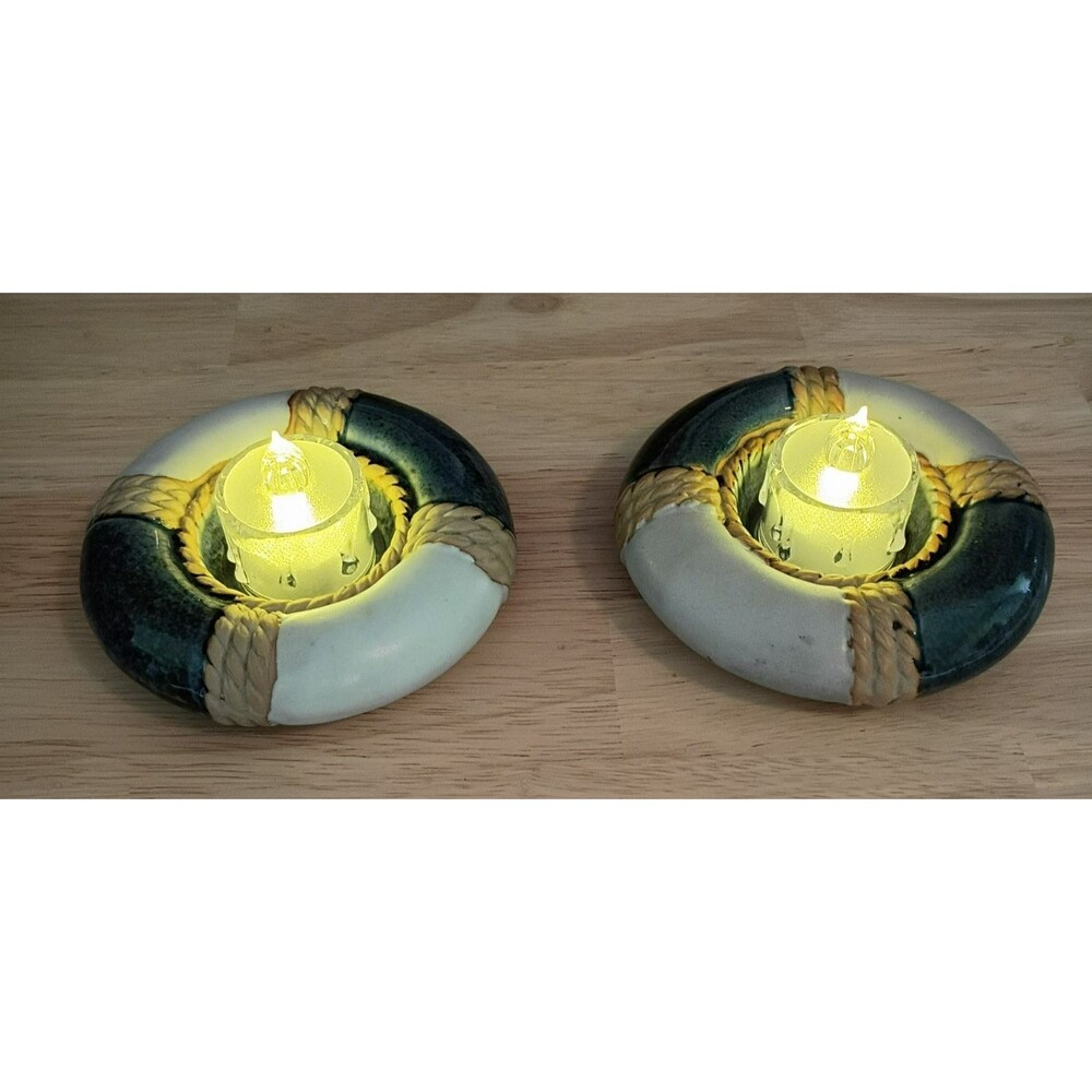 Nautical Ceramic Life Preserver Candle Holders Set of 2 Beach Lakehouse Decor